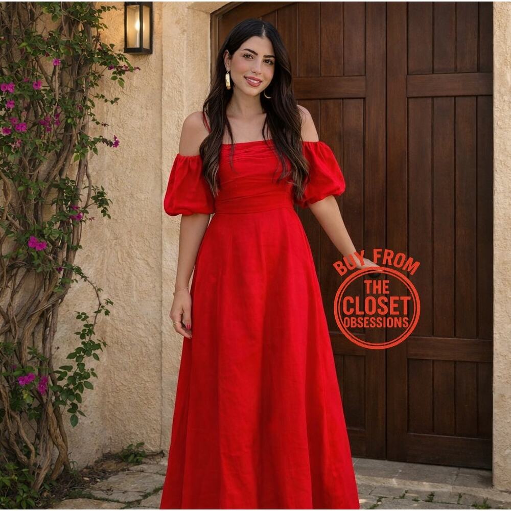 Mango Red Poplin Midi Dress NWT Off Shoulder Puff Sleeve Cotton Size 6 - Picture 6 of 16